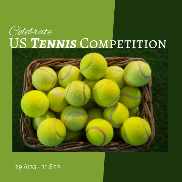 Suitable for promoting the US Tennis Competition, this design features a basket filled with tennis balls and competition dates within a green frame. Ideal for digital and print marketing for tennis tournaments, club announcements, or social media promotions.