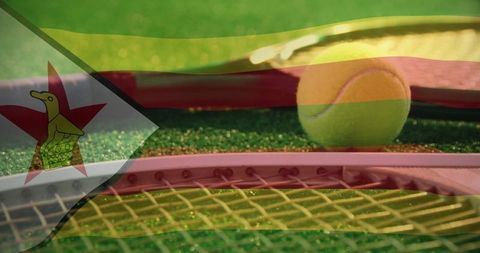 Tennis Gear on Green Court with Zimbabwe Flag Overlay
