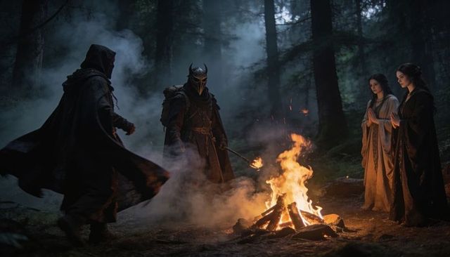 Masked knight conducting midnight ritual by campfire in misty forest with cloaked figures