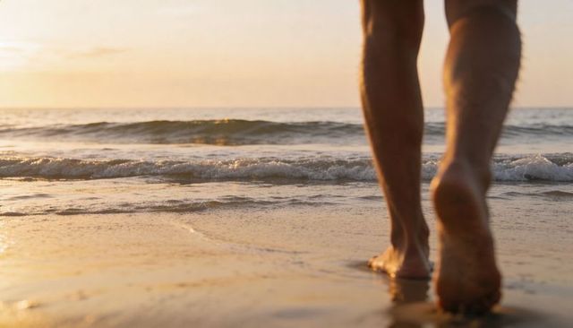 Man walking barefoot along sunset beach leaving footprints on wet sand and reflections