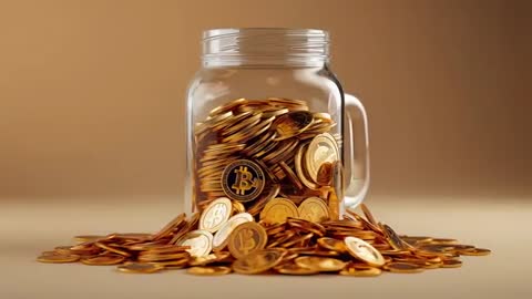 Mason Jar Overflowing with Gold Bitcoin Coins Spilling Across Table in Slow Motion
