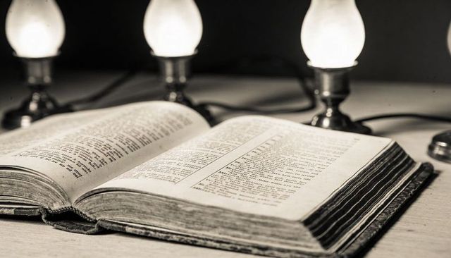 Antique open hardcover book displaying double-column text with vintage lamps