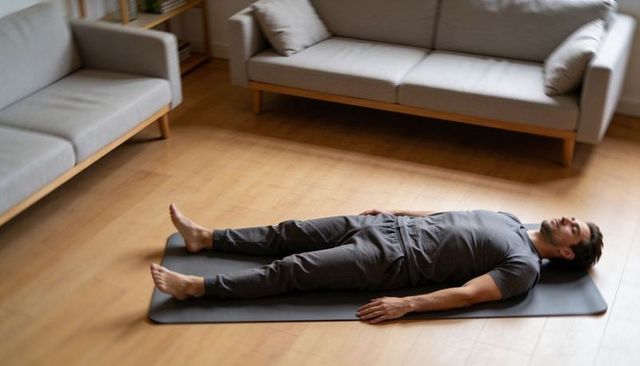Man lying relaxing on mat in minimalist living room for mindfulness and home wellness
