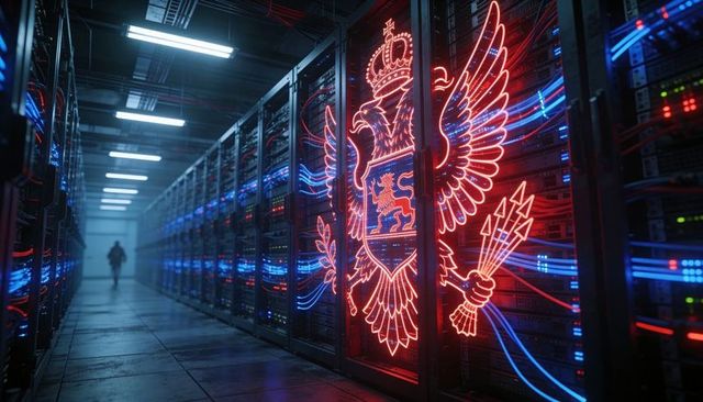 Neon heraldic eagle emblem wrapping data center racks, cybersecurity, sovereignty concept
