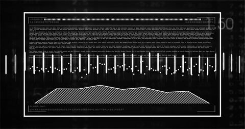 Monochrome HUD Analytics Dashboard with Equalizer Bars, Algorithm Waveform and Data Grid