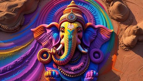 Colorful sand mandala with lord ganesha sculpture
