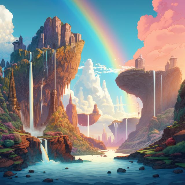 Fantasy landscape with rainbow, waterfalls and buildings created using generative ai technology. Fantasy, imagination and colour concept digitally generated image.