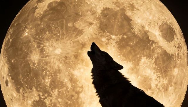 Howling wolf lifting head to giant golden full moon with crater detail, dramatic night silhouette