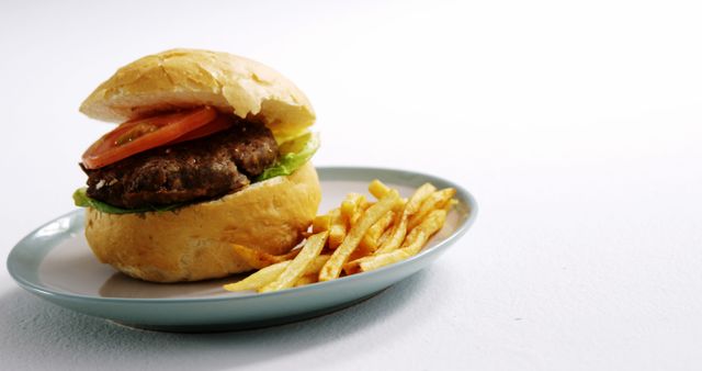 A classic hamburger with lettuce and tomato is paired with a side of golden french fries on a light blue plate, with copy space. This meal represents a typical American fast food dish often enjoyed for its taste and convenience.