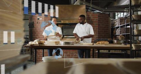 Bakers Kneading Dough Using Bannetons at Rustic Brick Oven Bench with AR Overlays