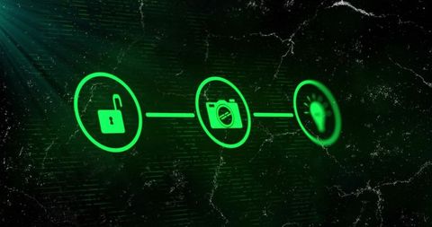 Neon green iot flow representing unlock camera lightbulb icons on grunge tech background
