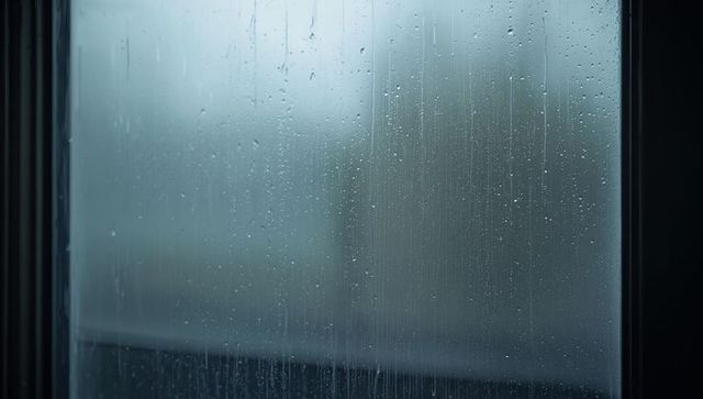 Rain-streaked window distorting blurred urban view with condensation and moody light