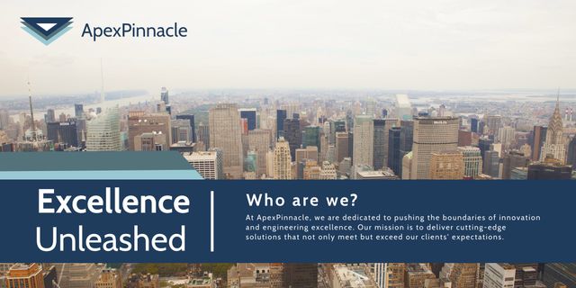 Business banner featuring 'Excellence Unleashed' text against a cityscape background. Ideal for company websites, presentations, social media, and promotional materials highlighting corporate identity and values. This modern design emphasizes innovation, engineering excellence, and commitment to client satisfaction.