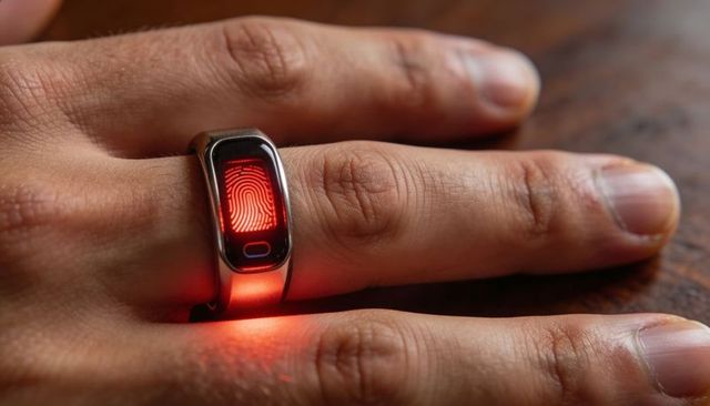 Smart ring glowing red fingerprint scanner on finger closeup for biometric access security