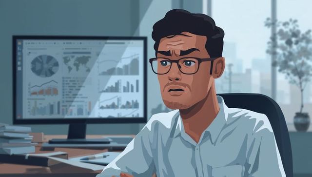 Worried business analyst reviewing data dashboard charts on monitor in modern office