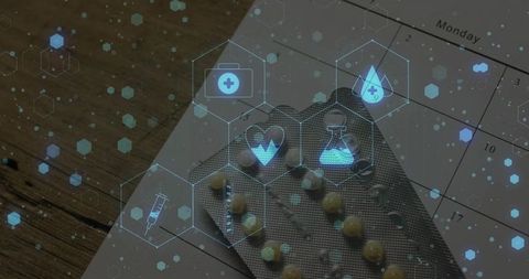 Digital medication management concept showing blister pack on calendar with medical icons