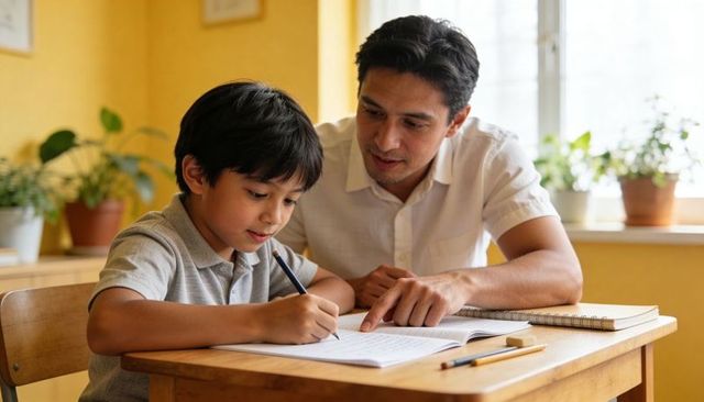 Father tutoring son at home helping with homework on wooden desk in sunlit room