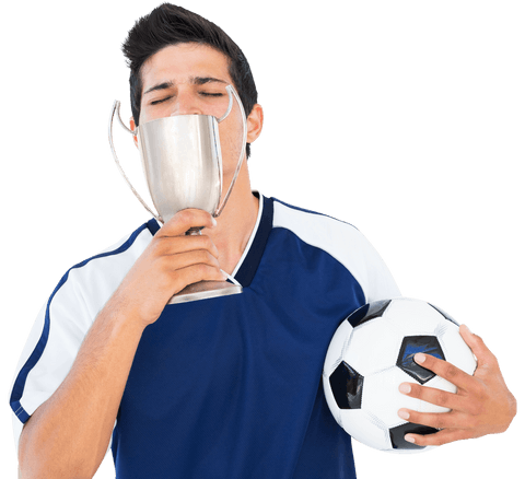 Passionate Footballer Kissing Trophy with Ball in Hand Transparent