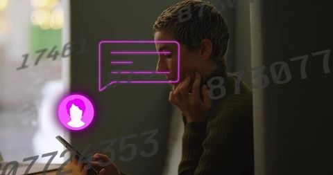 Woman holding smartphone in dim cafe booth, neon chat bubble and floating numbers overlay