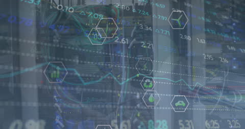 Digital Icons and Stock Data Overlay on Server Room
