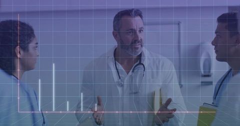 Medical Professionals Collaborating with Data Chart Overlay in Hospital