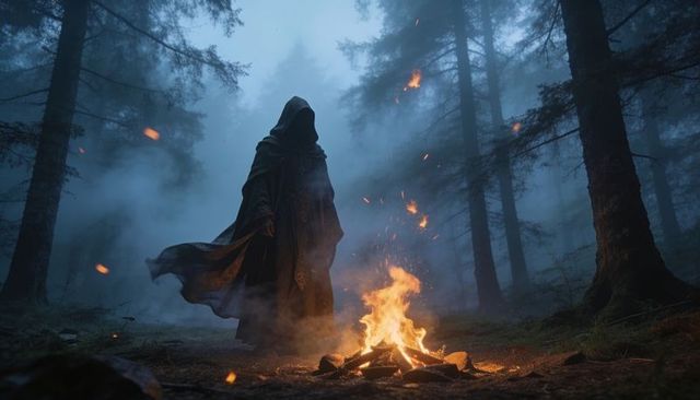 Hooded cloaked figure standing near campfire in foggy conifer forest, embers floating
