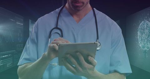 Doctor Analyzing Data on Tablet in Futuristic Setting
