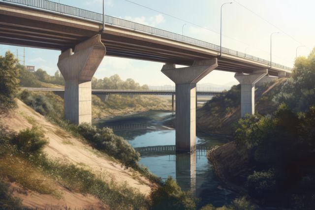 Bridge crossing river over landscape with trees and blue sky, created using generative ai technology. Building, construction, architecture, digitally generated video.