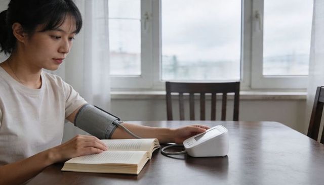 Woman monitoring blood pressure with digital monitor while reading book by window