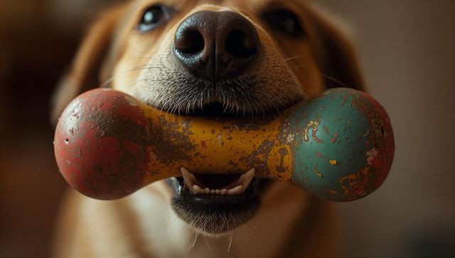 Closeup dog holding weathered rubber dumbbell toy with wet nose playful indoor macro moment