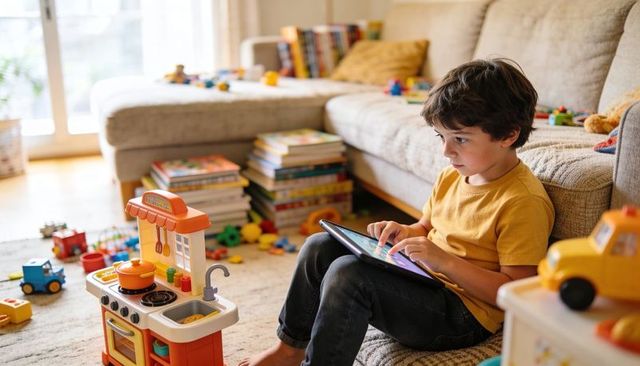 Preschool boy playing with tablet on living room floor among colorful toys and books