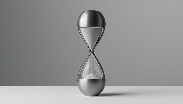 Elegant metallic hourglass with silver frame on minimalist tabletop