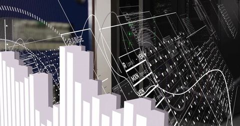Data center analytics overlay with floating currency graphs