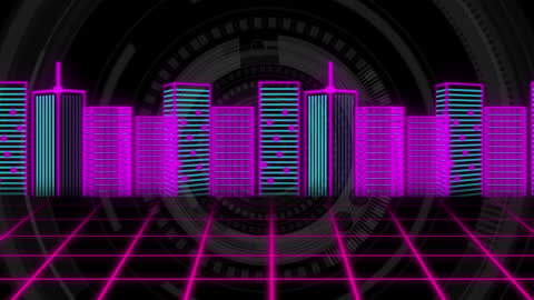 Neon Grid Futuristic Cyberpunk Cityscape with Scanning Interface