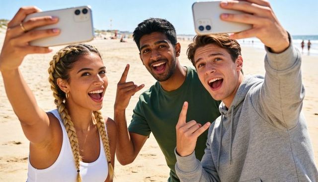 Young friends taking beach selfie and making rock hand signs on sunny seaside day together