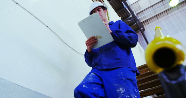 Inspector in Blue Jumpsuit and Hard Hat Taking Notes on Clipboard - Download Free Stock Images Pikwizard.com