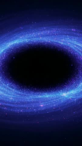 Vertical space vortex rotating around dark singularity with pulsing blue accretion ring