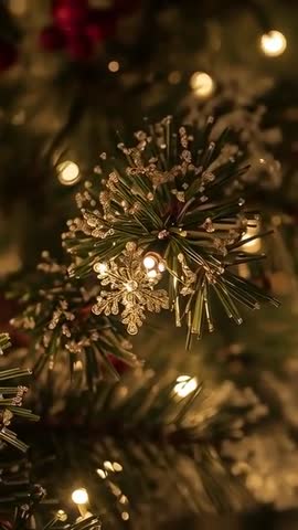 Pulling focus revealing glittering snowflake on Christmas tree with warm bokeh lights