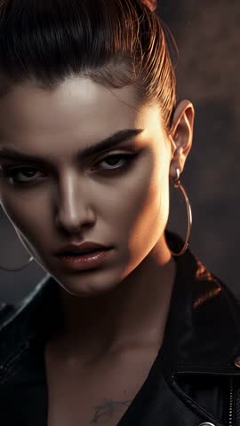 Moody Vertical Fashion Clip of Model Blinking and Shifting Gaze in Leather Jacket