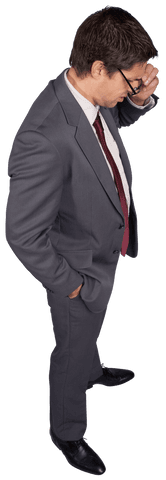 Transparent thinking businessman touching glasses in grey suit