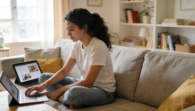 Young woman working remotely typing on laptop with tablet in sunlit living room