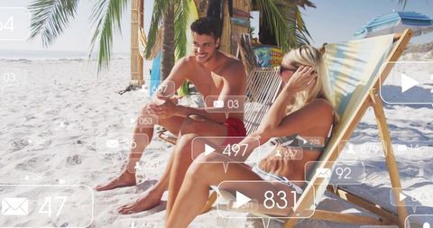 Couple relaxing on tropical beach checking phone with social media notification overlays