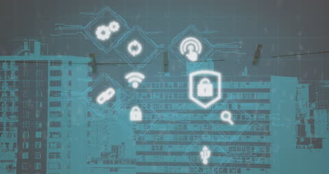 Digital Security Concept Overlaid on Urban Cityscape