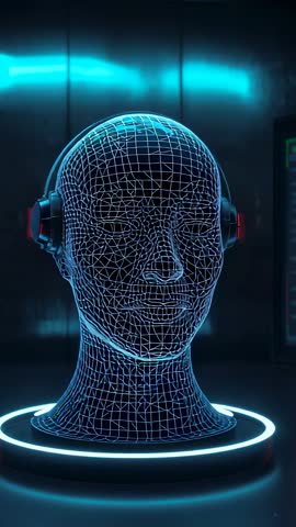 Wireframe Human Head Pulsing Cyan Gridlines Wearing Headphones in Futuristic Cyber Lab Vertical Vide