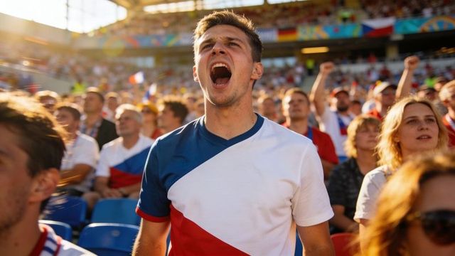 Shouting sports fan cheering in blue white red jersey amid sunlit stadium crowd and excitement