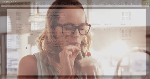 Modern Woman Sipping Coffee with Digital Interface Overlay