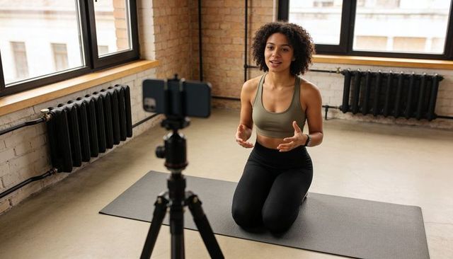 Female Fitness Coach Leading Live Workout in Bright Loft Studio Recording on Smartphone