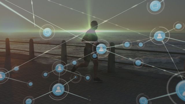 This video illustrates a senior man jogging on a seaside promenade during sunset, with an overlay of digital connection icons showing a network. It suggests themes of maintaining a healthy and active lifestyle in a technologically connected world. Ideal for use in advertisements, articles, or blog posts focusing on health, fitness, aging well with technology, or promoting apps and devices related to fitness and connectivity.