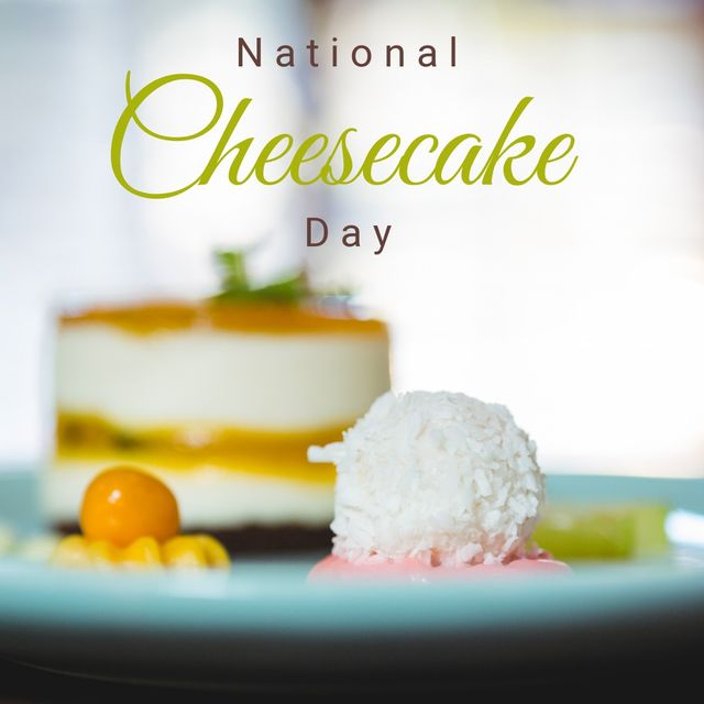 Digital composite of national cheesecake day text with dessert on table, copy space. food, dairy product, celebration.