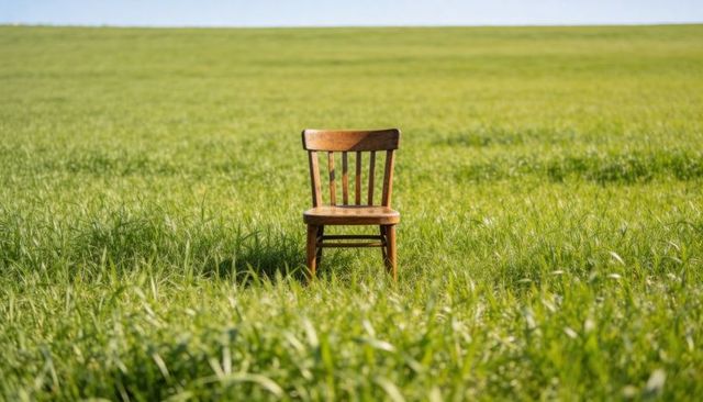 Vintage wooden chair standing in sunlit green meadow evoking solitude and simplicity